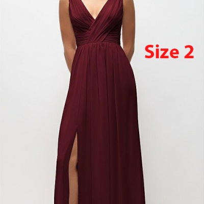 Dessy 2894..Sleeveless Draped Chiffon Maxi Dress with Front Slit..Burgundy..Sz 2