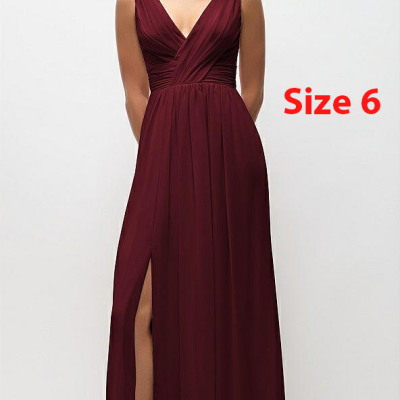 Dessy 2894..Sleeveless Draped Chiffon Maxi Dress with Front Slit..Burgundy..Sz 6