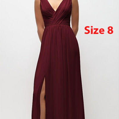 Dessy 2894..Sleeveless Draped Chiffon Maxi Dress with Front Slit..Burgundy..Sz 8