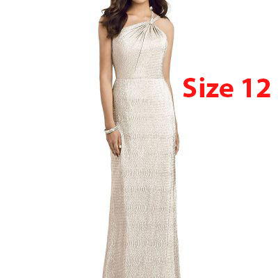 Dessy 3064...One shoulder, Twist metallic trumpet gown....Rose Gold...Sz 12