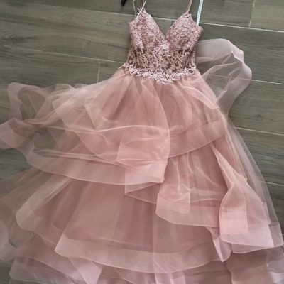 Camille La Vie Blush Pink Lace Bodice Tiered Tulle Prom Dress