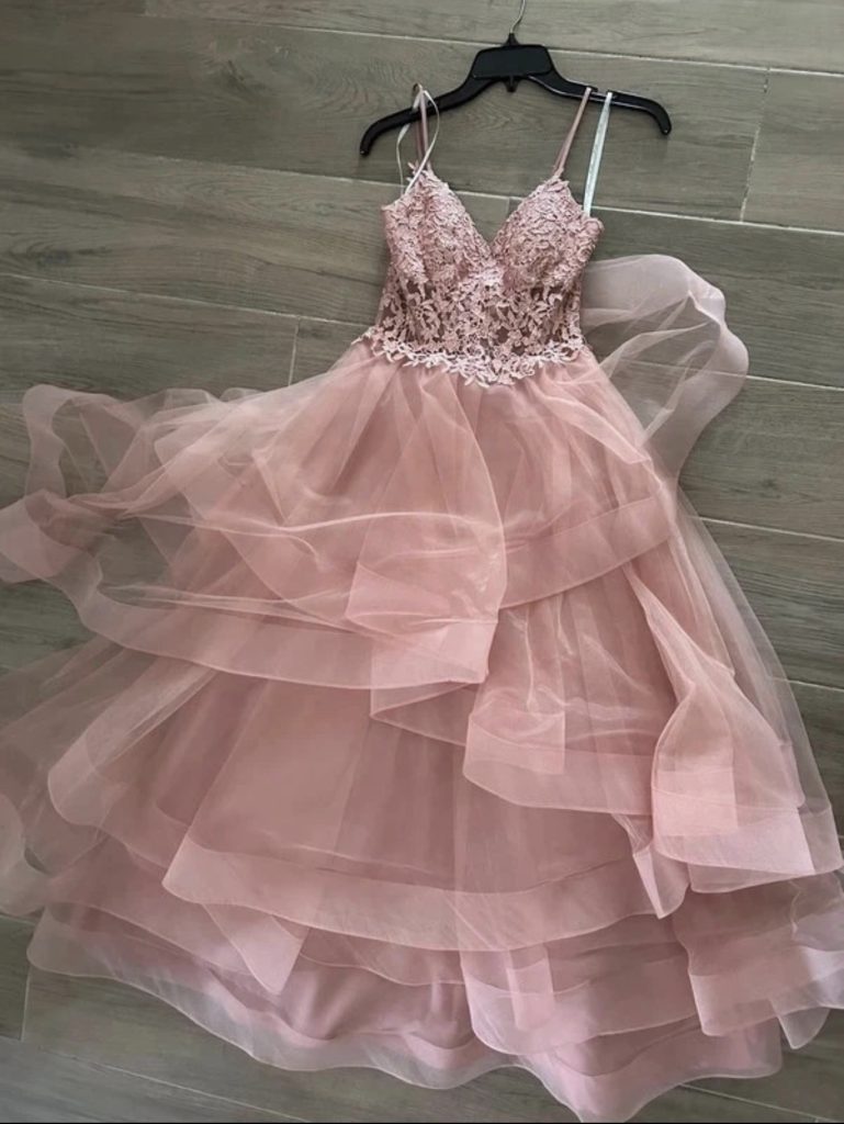 Camille La Vie Blush Pink Lace Bodice Tiered Tulle Prom Dress