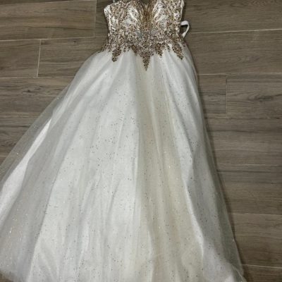 Camille La Vie White Ball Gown with Gold Embellished Bodice
