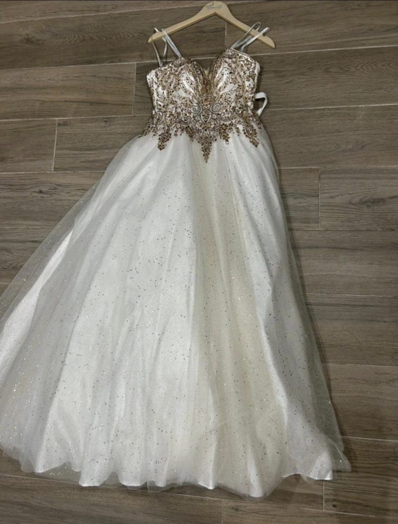 Camille La Vie White Ball Gown with Gold Embellished Bodice